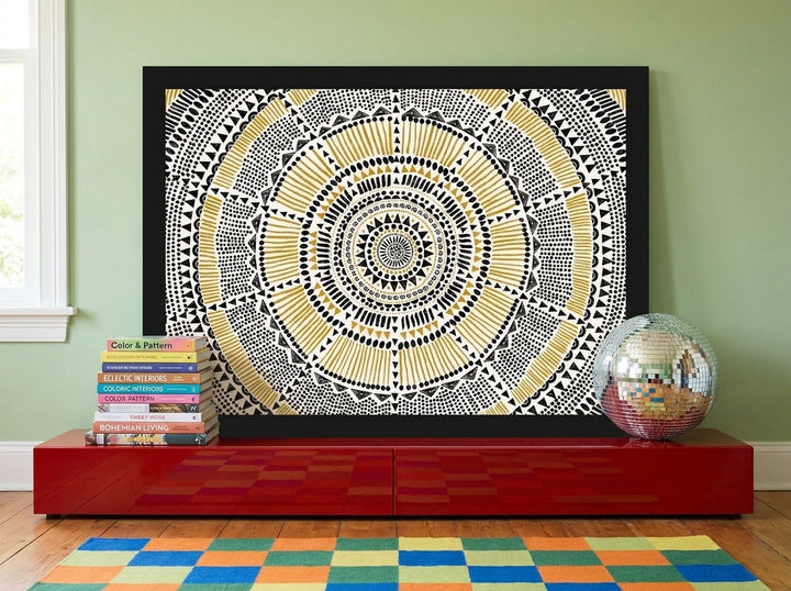 Modern wall art print standing on a sideboard in a colourful eclectic bedroom