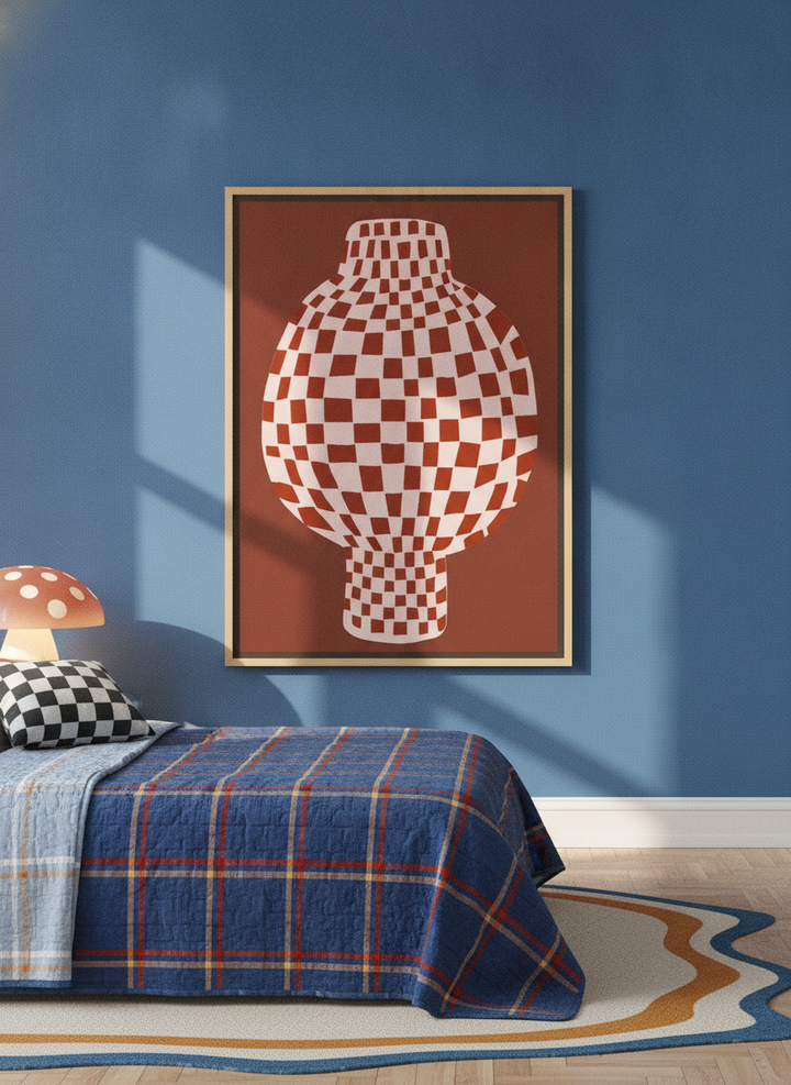 Oversized statement canvas wall art with a natural timber surround styled on the wall in a colourful eclectic bedroom