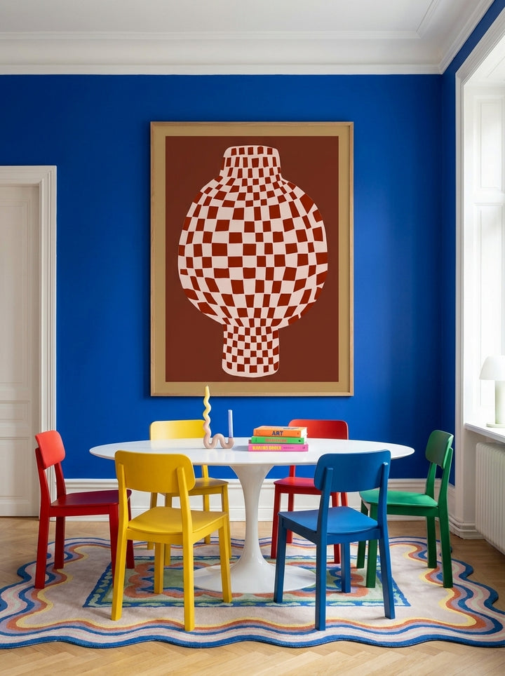 Oversized statement modern wall art print styled on the wall in a colourful eclectic dining room