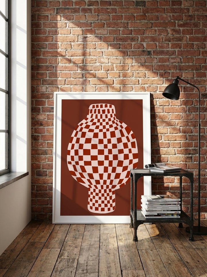Modern wall art print leaning against the wall in an industrial loft dining room