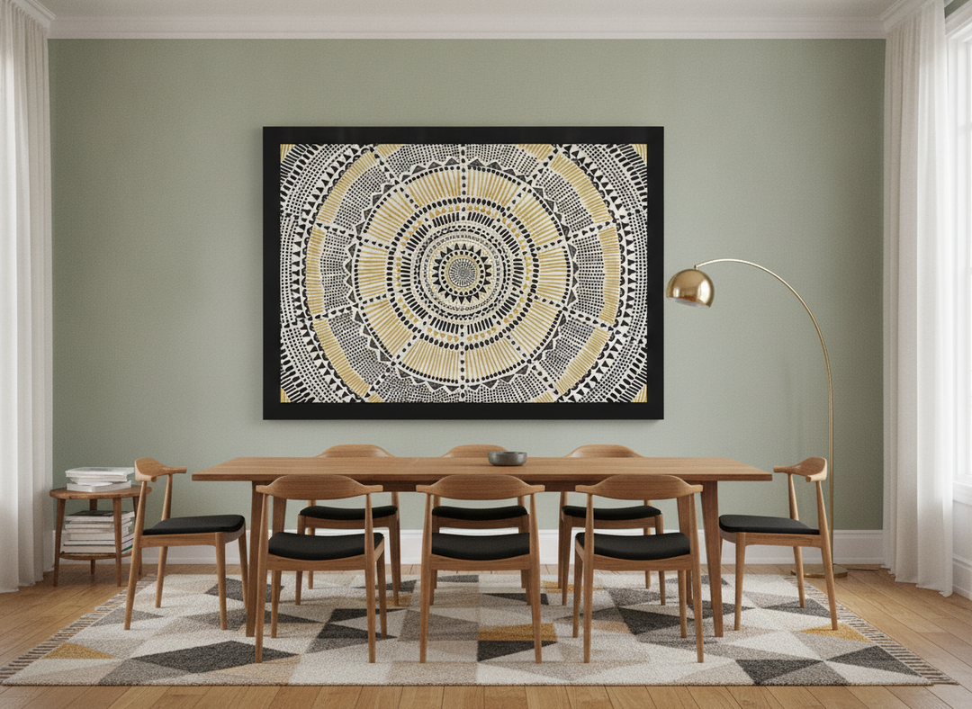 Oversized statement modern wall art print styled on the wall in a mid-century dining room
