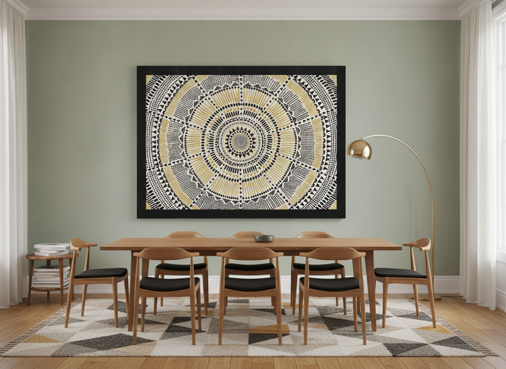 Oversized statement modern wall art print styled on the wall in a mid-century dining room