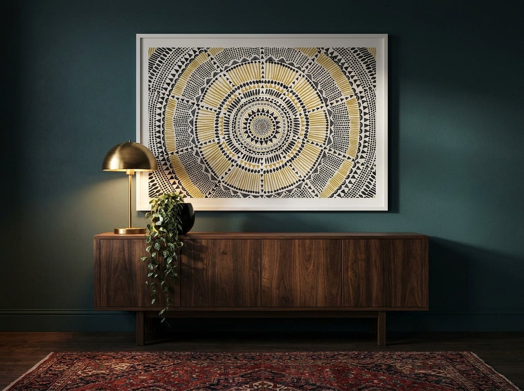 Modern wall art print styled on the wall in a moody living room