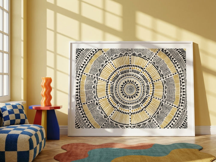 Oversized statement modern wall art print leaning against the wall in a colourful eclectic living room