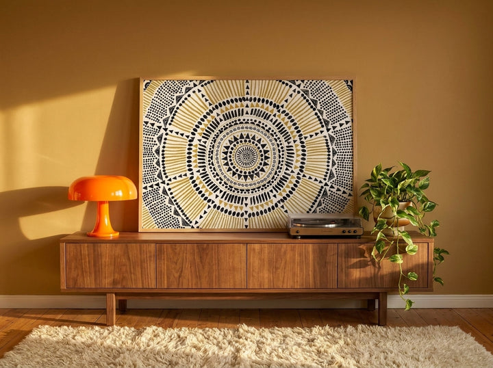 Modern wall art print standing on a sideboard in a retro 70s home office