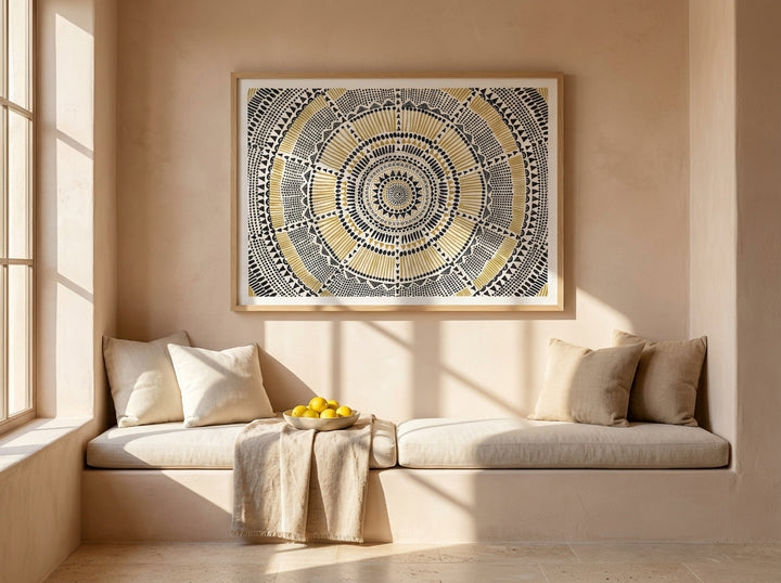Modern wall art print styled on the wall in a Mediterranean living room