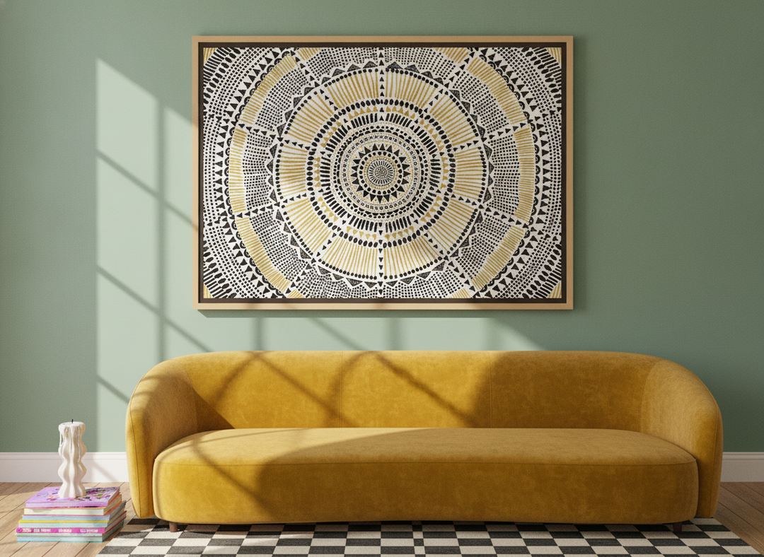 Oversized statement canvas wall art with a natural timber surround styled on the wall in a colourful eclectic living room
