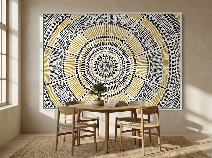 Oversized statement canvas wall art with a white surround styled on the wall in a warm Japandi dining room
