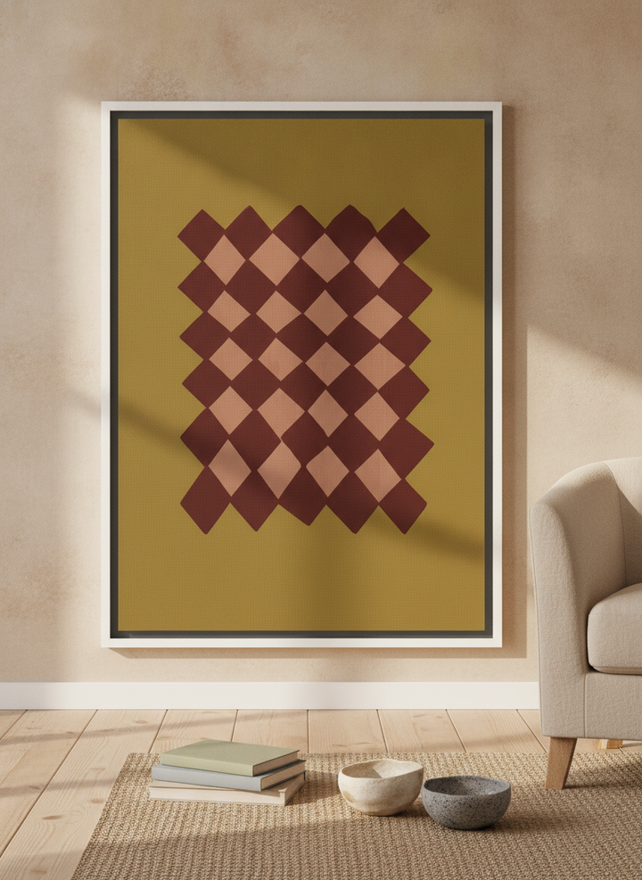 Canvas wall art with a white surround leaning against the wall in a warm Japandi bedroom