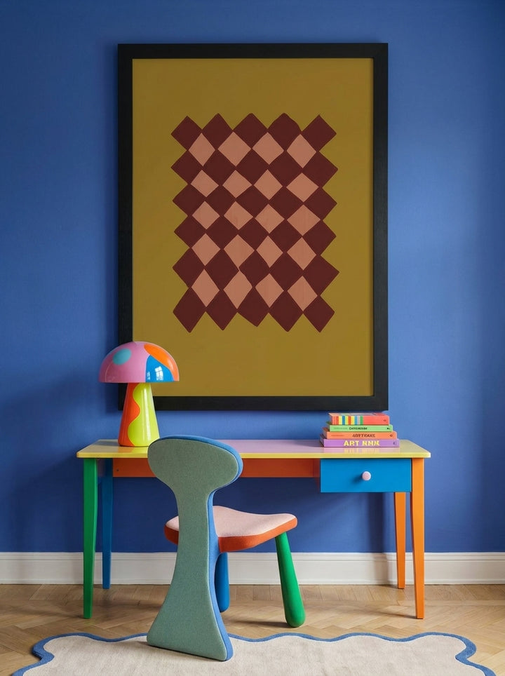 Modern wall art print styled on the wall in a colourful eclectic home office