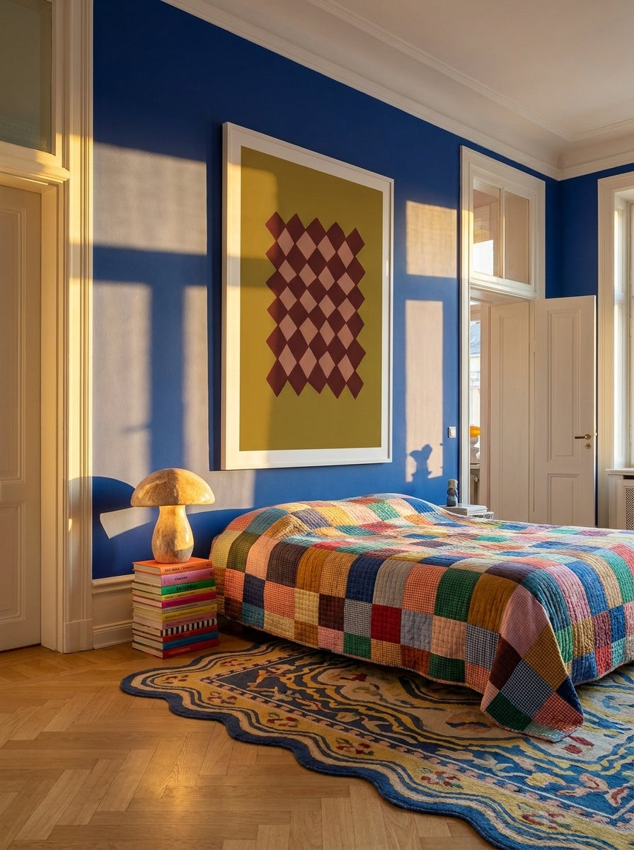 Oversized statement modern wall art print styled on the wall in a colourful eclectic bedroom