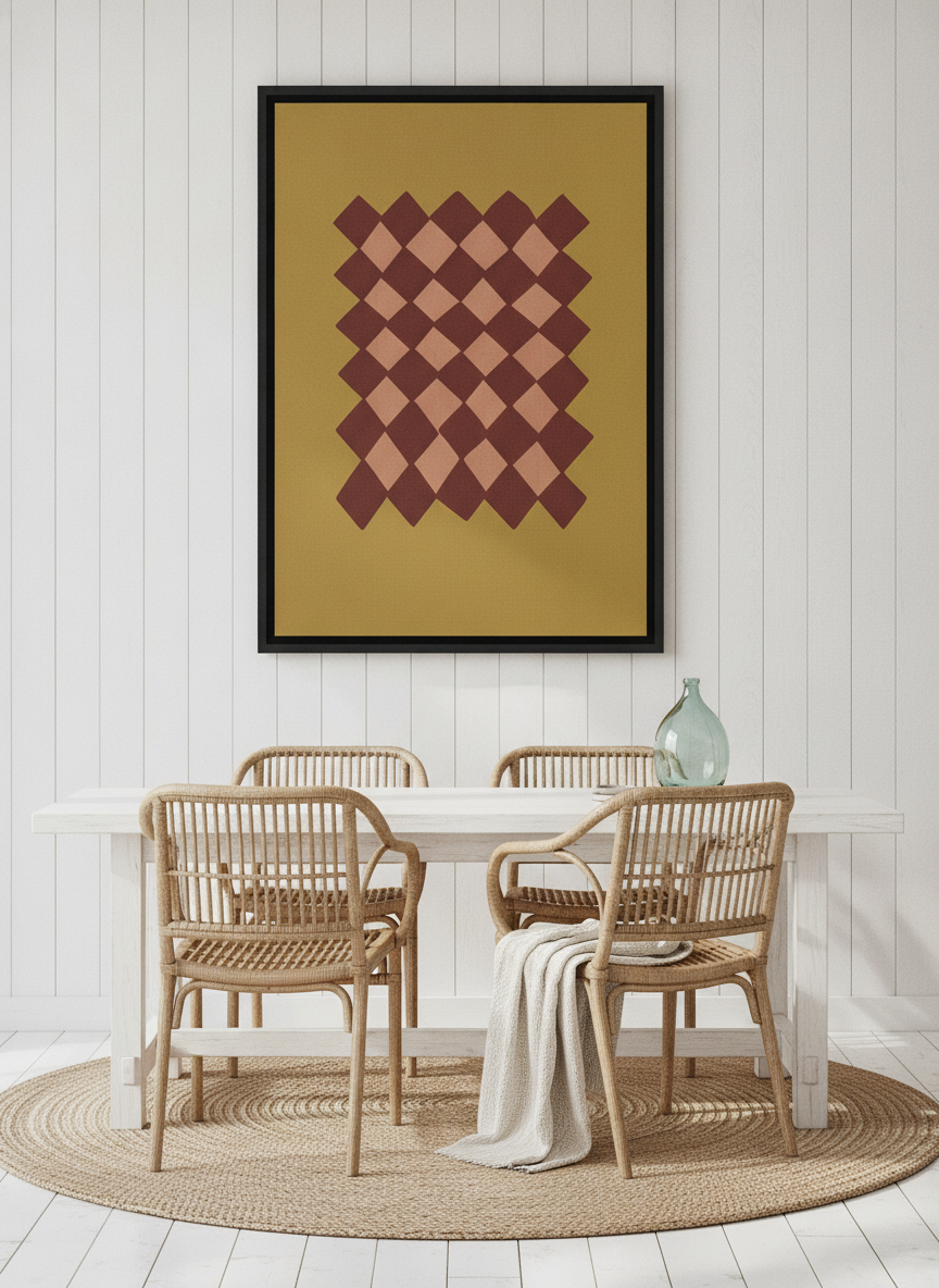 Canvas wall art with a black surround styled on the wall in a coastal dining room