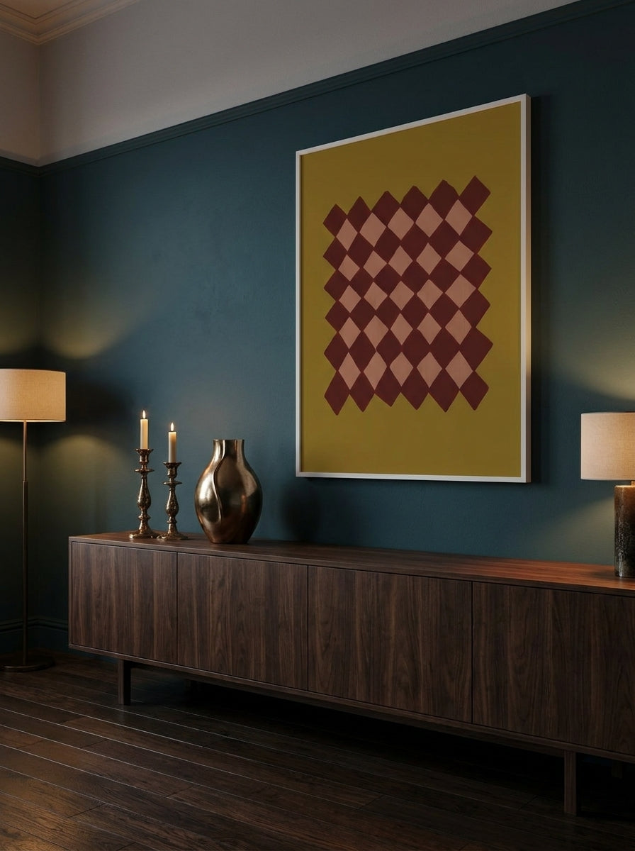 Oversized statement modern wall art print styled on the wall in a moody living room