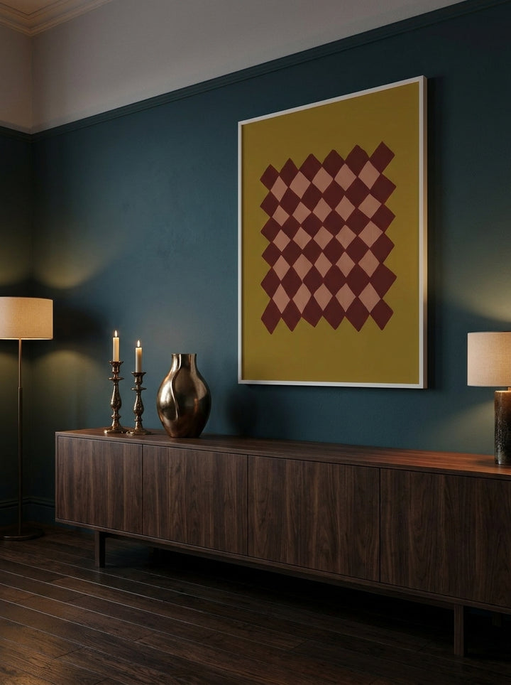 Oversized statement modern wall art print styled on the wall in a moody living room