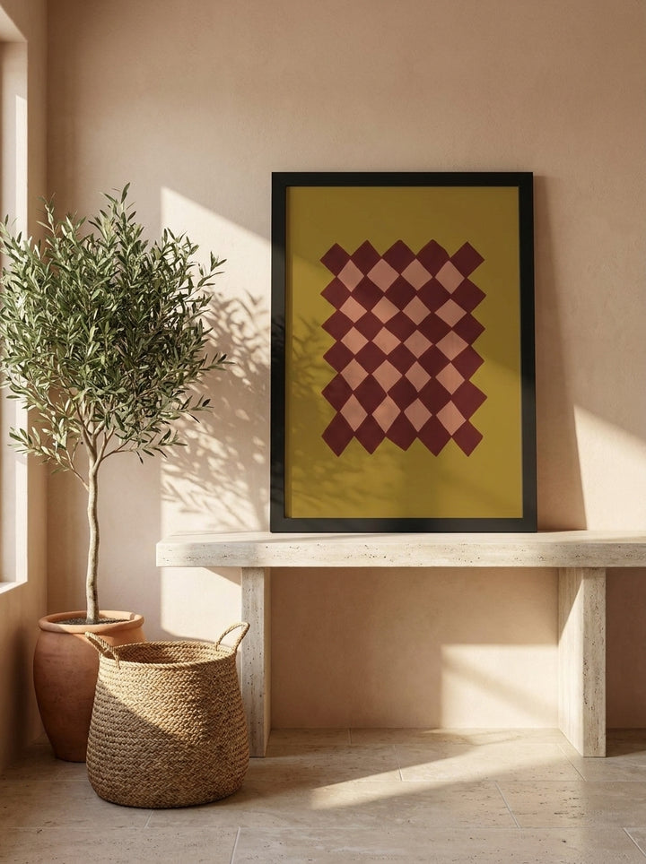 Modern wall art print standing on a console in a Mediterranean bedroom