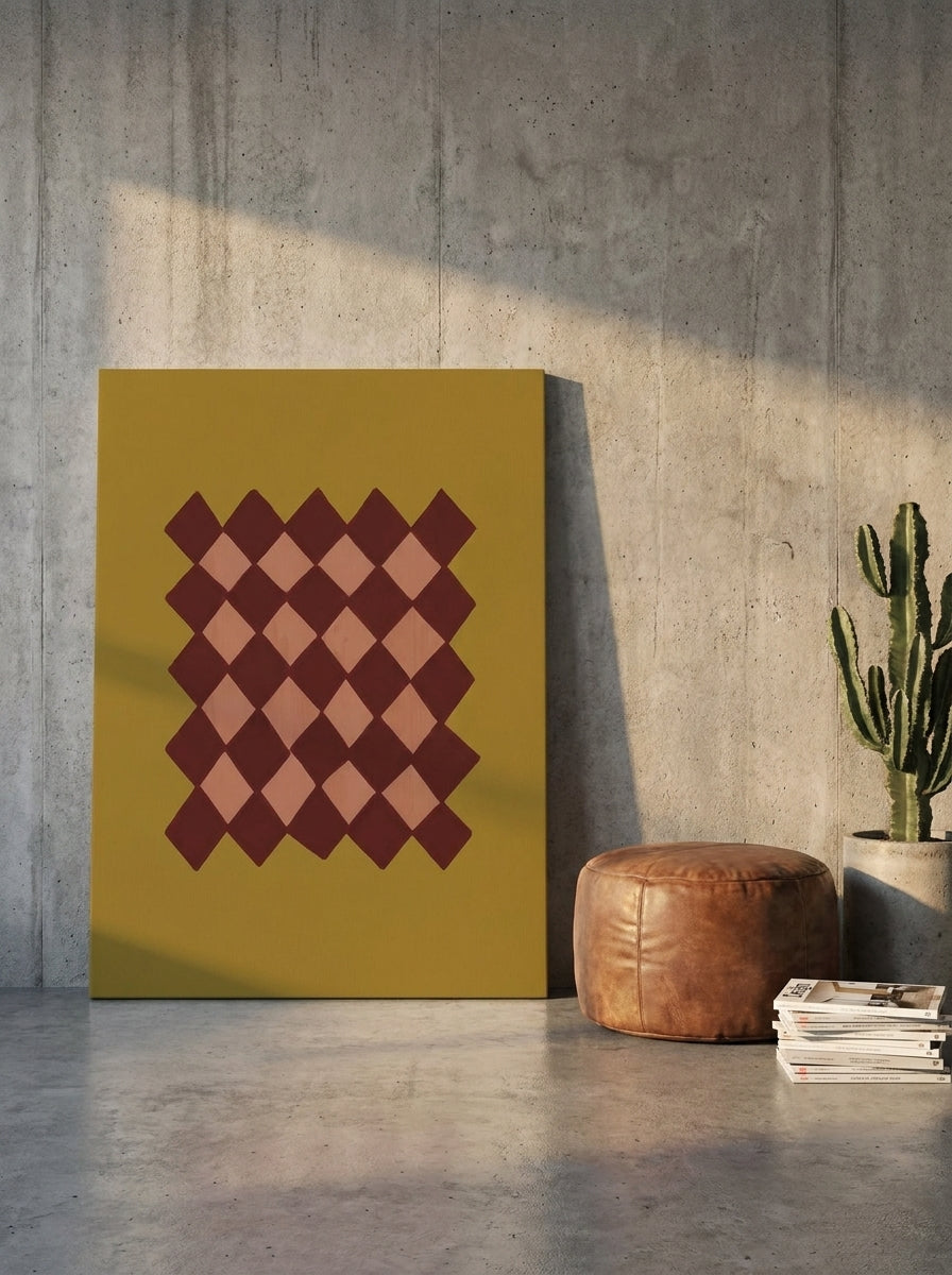 Stretched canvas wall art leaning against the wall in an industrial loft home office
