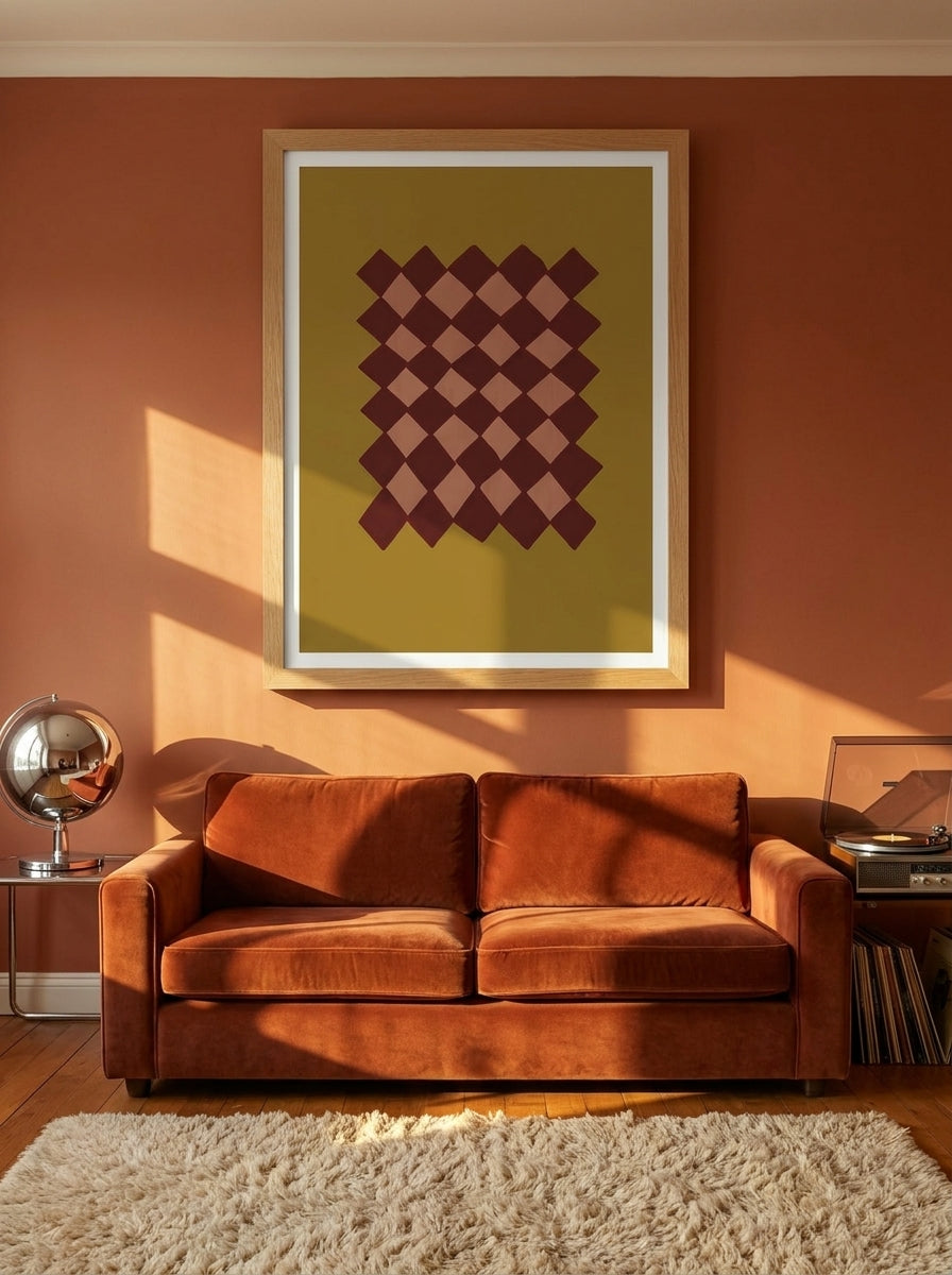 Modern wall art print styled on the wall in a retro 70s living room
