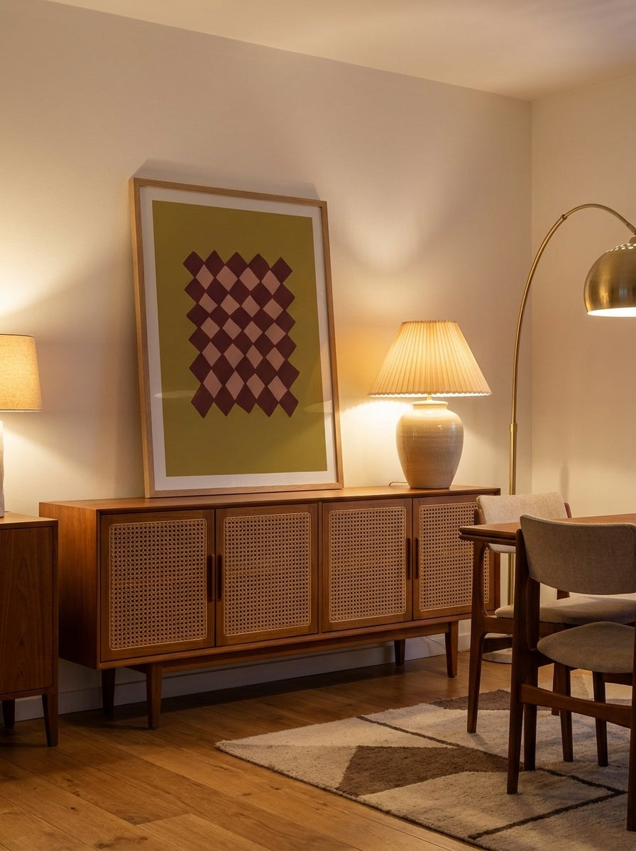 Modern wall art print standing on a sideboard in a mid-century dining room