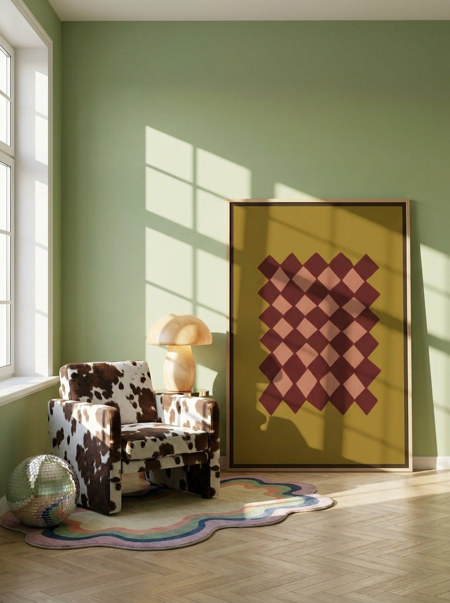 Oversized statement canvas wall art with a natural timber surround leaning against the wall in a colourful eclectic bedroom