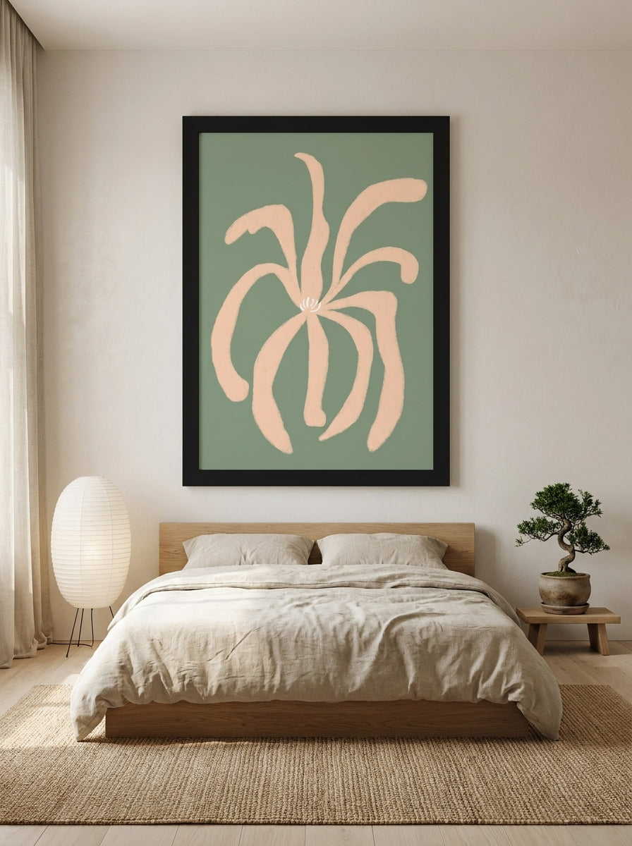 Oversized statement modern wall art print styled on the wall in a warm Japandi bedroom