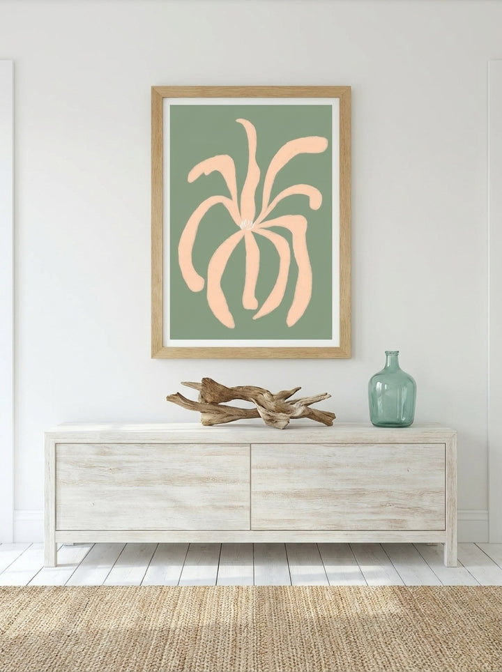 Modern wall art print styled on the wall in a coastal living room