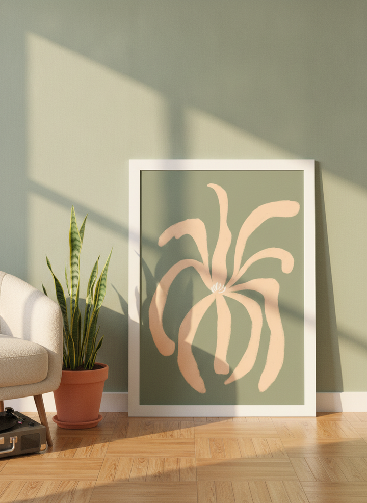 Modern wall art print leaning against the wall in a mid-century bedroom