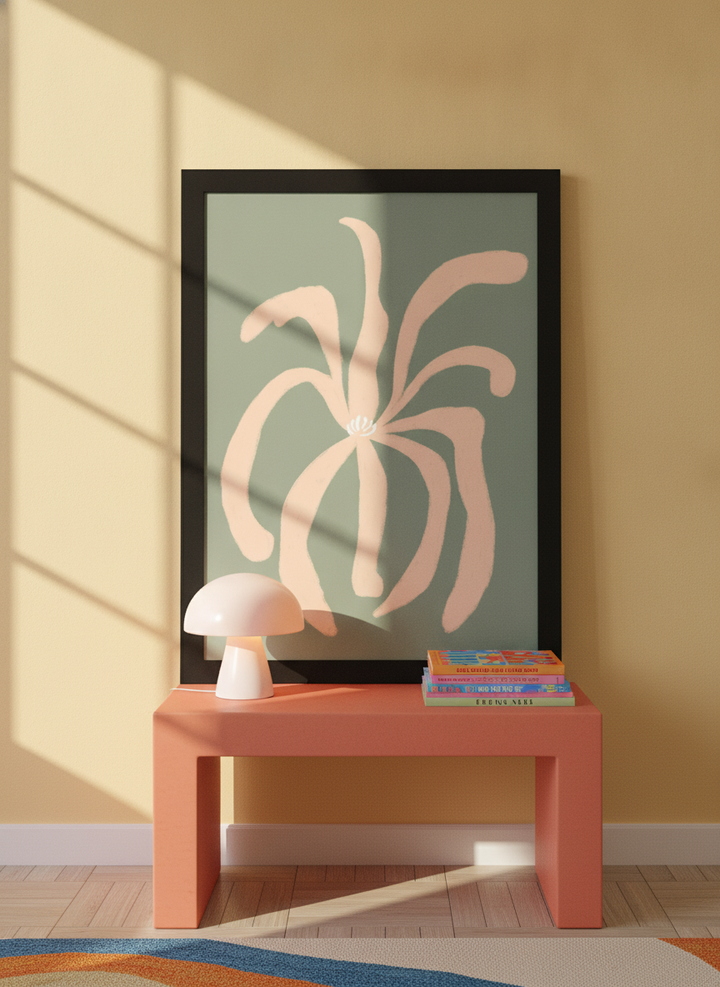 Modern wall art print standing on a side table in a colourful eclectic living room