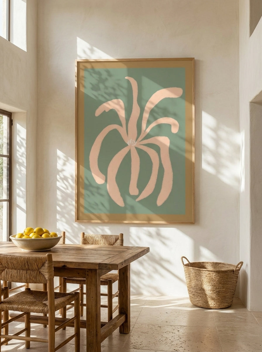 Oversized statement modern wall art print styled on the wall in a Mediterranean dining room