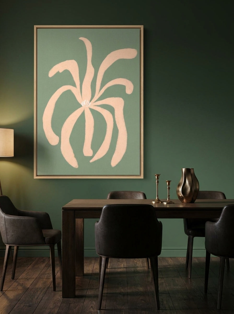 Oversized statement canvas wall art with a natural timber surround styled on the wall in a moody dining room