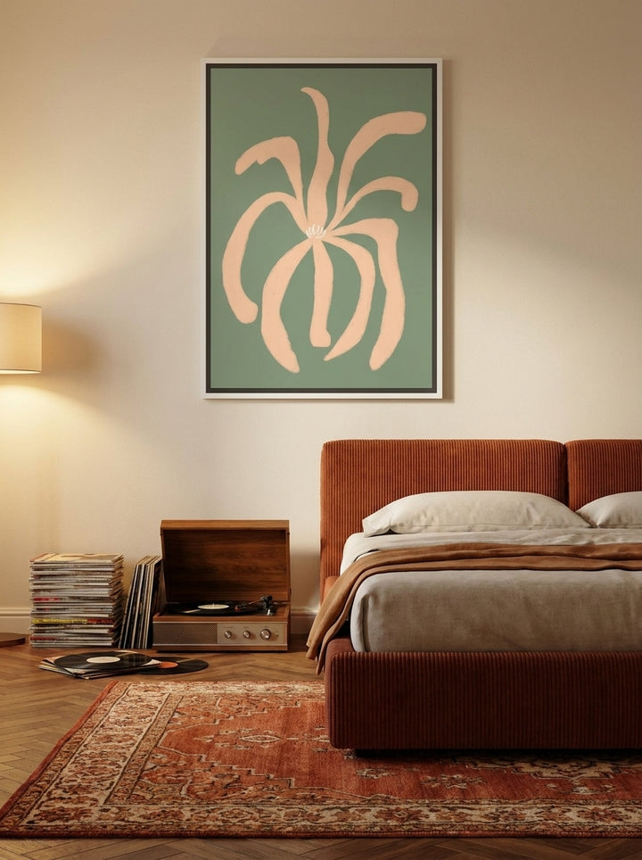 Canvas wall art with a white surround styled on the wall in a retro 70s bedroom