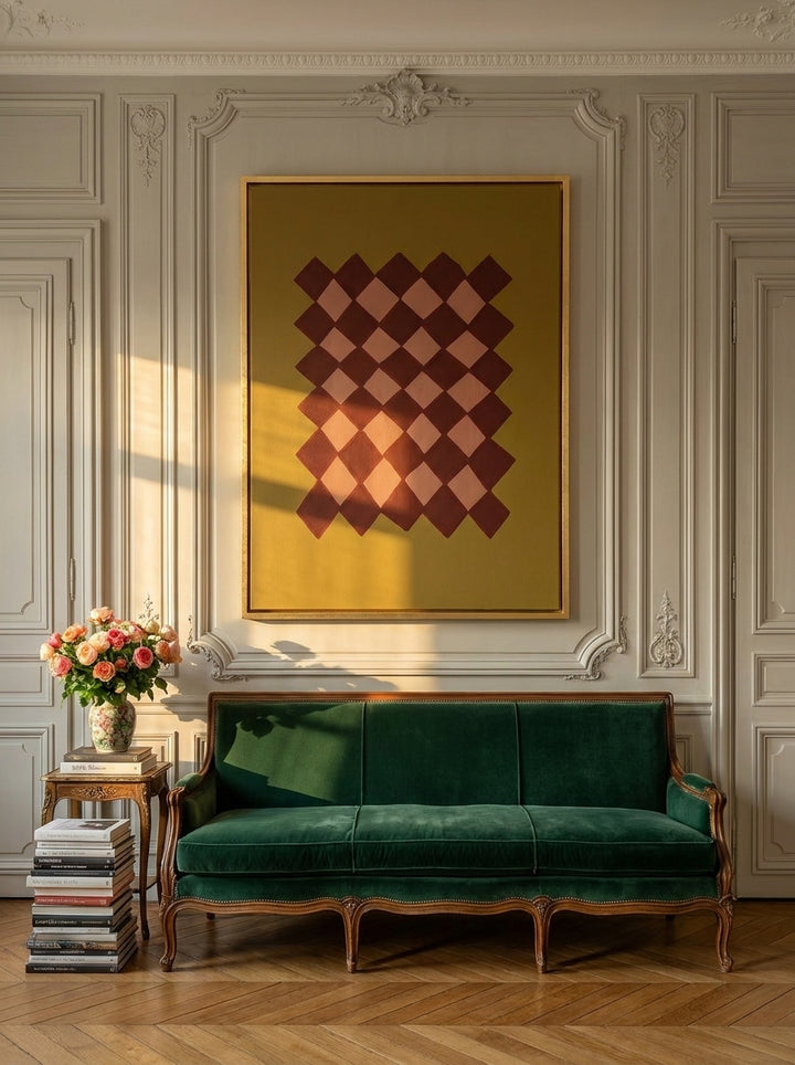 Oversized statement canvas wall art with a gold leaf surround styled on the wall in a Parisian living room
