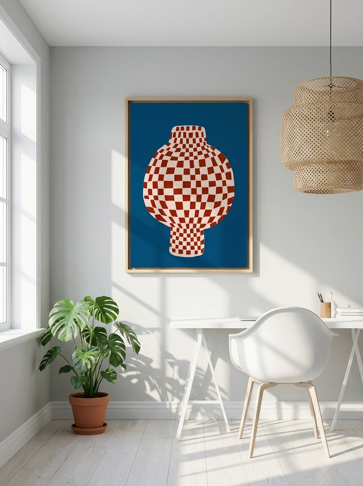 Canvas wall art with a natural timber surround styled on the wall in a bright Scandinavian home office