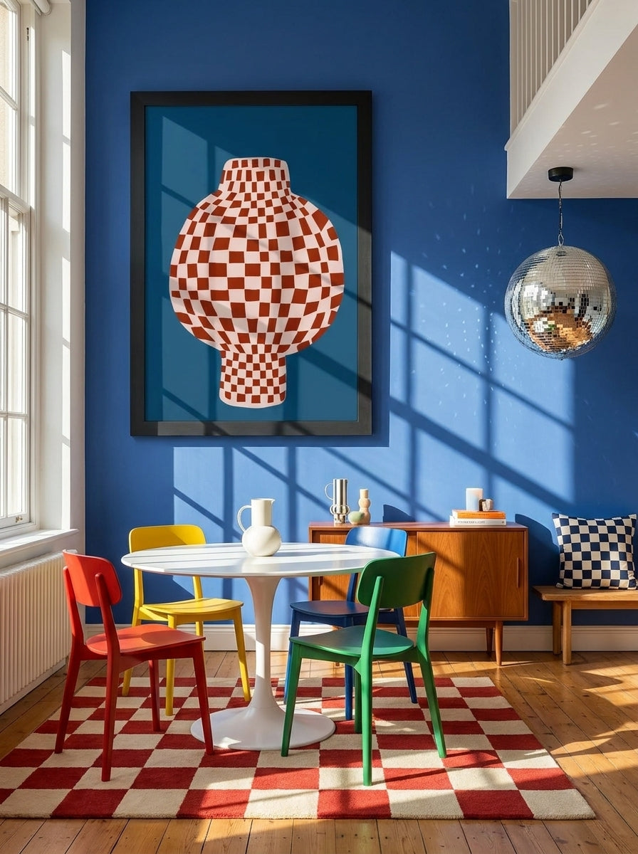 Oversized statement modern wall art print styled on the wall in a colourful eclectic dining room