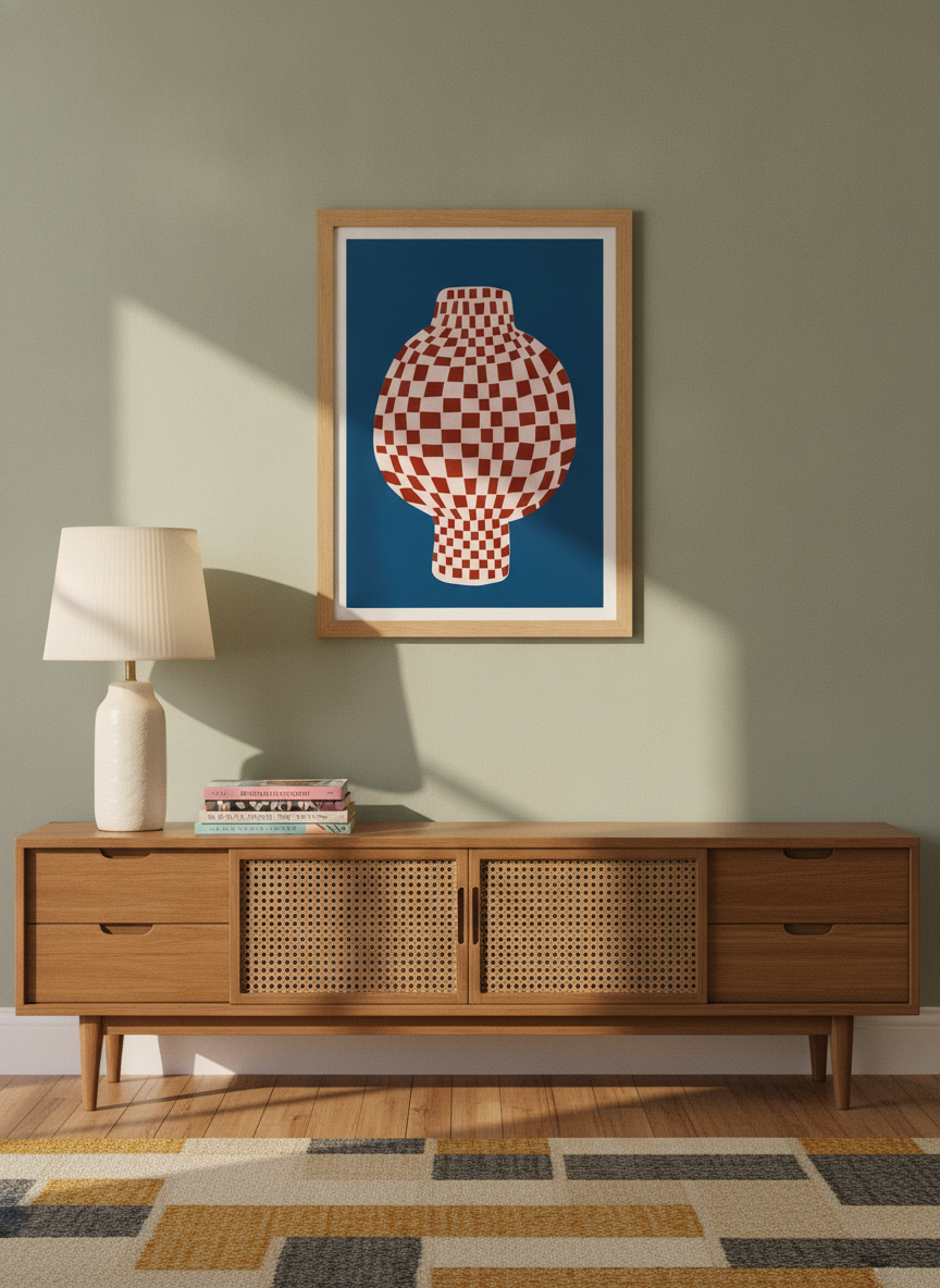 Modern wall art print styled on the wall in a mid-century living room