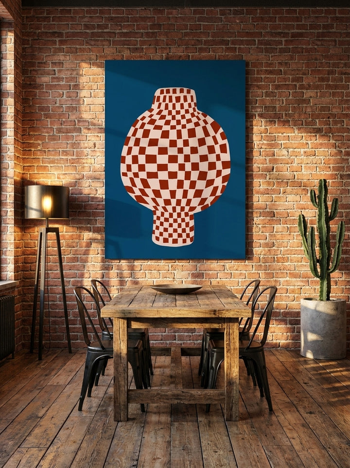 Stretched canvas wall art styled on the wall in an industrial loft dining room