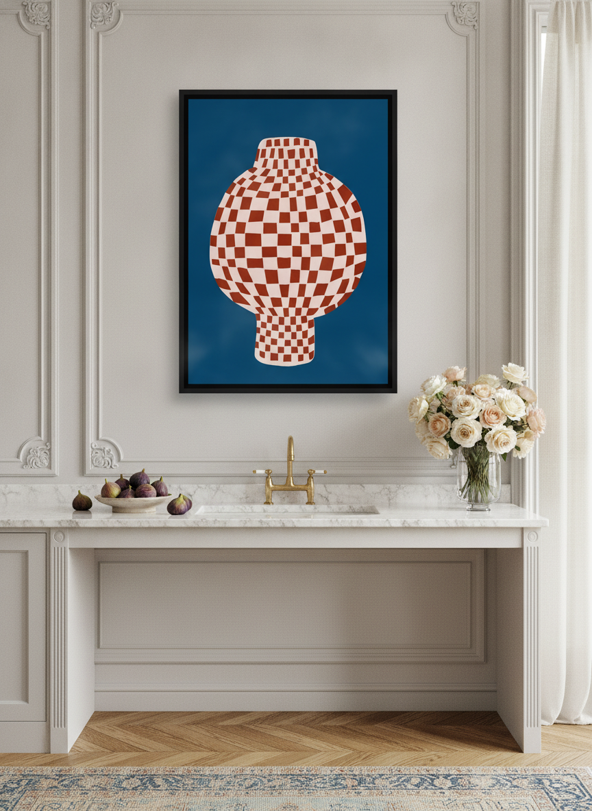 Canvas wall art with a black surround styled on the wall in a Parisian kitchen
