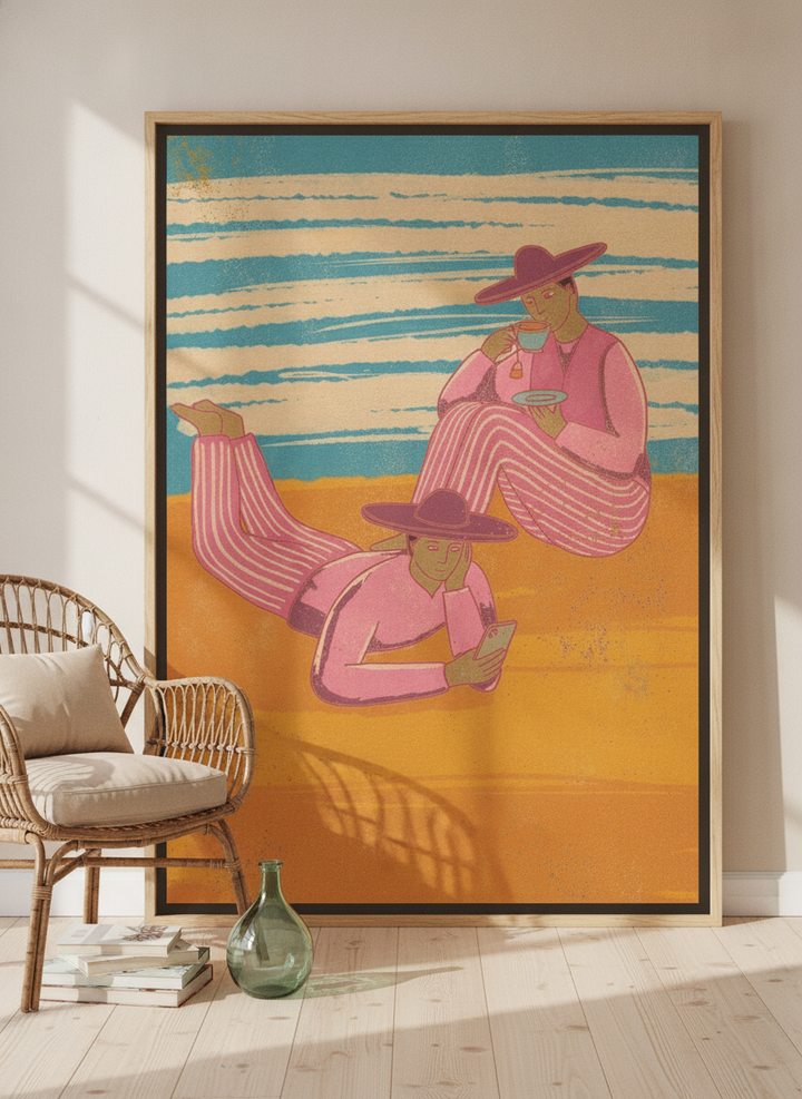 Oversized statement canvas wall art with a natural timber surround leaning against the wall in a coastal living room