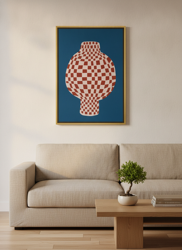 Canvas wall art with a gold leaf surround styled on the wall in a warm Japandi living room