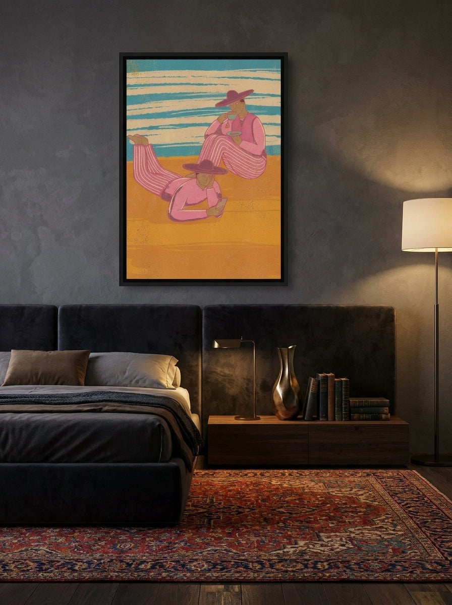 Canvas wall art with a black surround styled on the wall in a moody bedroom