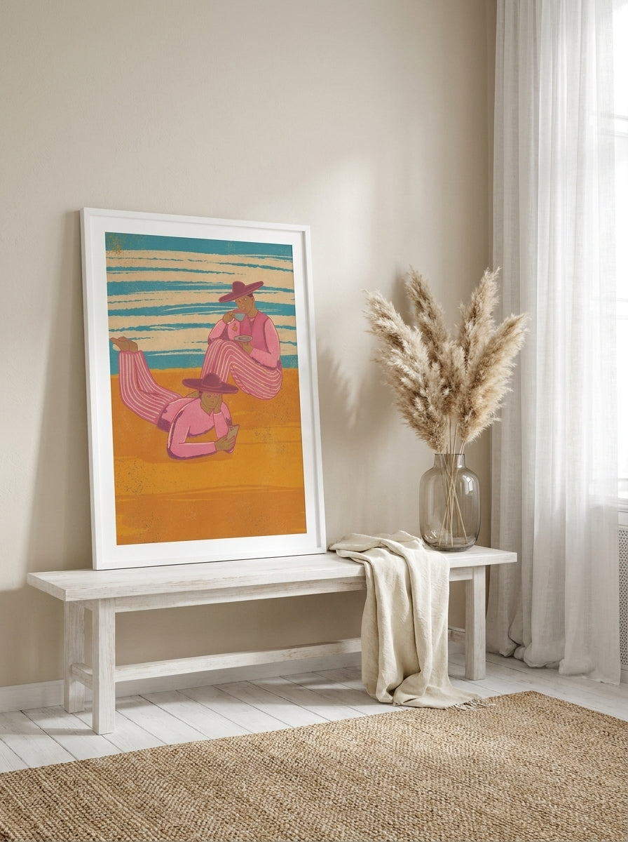 Modern wall art print standing on a console in a coastal dining room