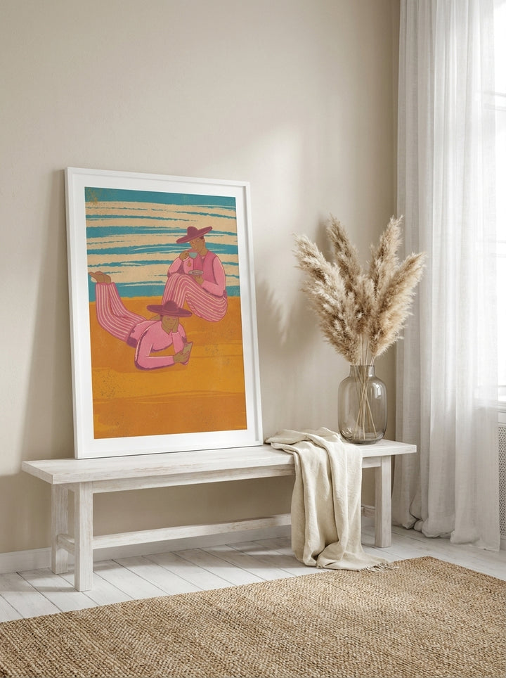 Modern wall art print standing on a console in a coastal dining room