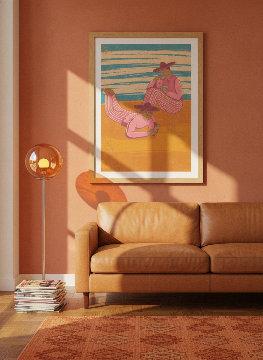 Modern wall art print styled on the wall in a retro 70s living room