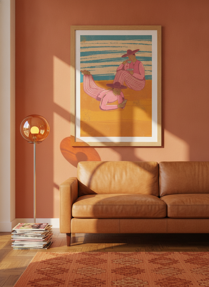 Modern wall art print styled on the wall in a retro 70s living room