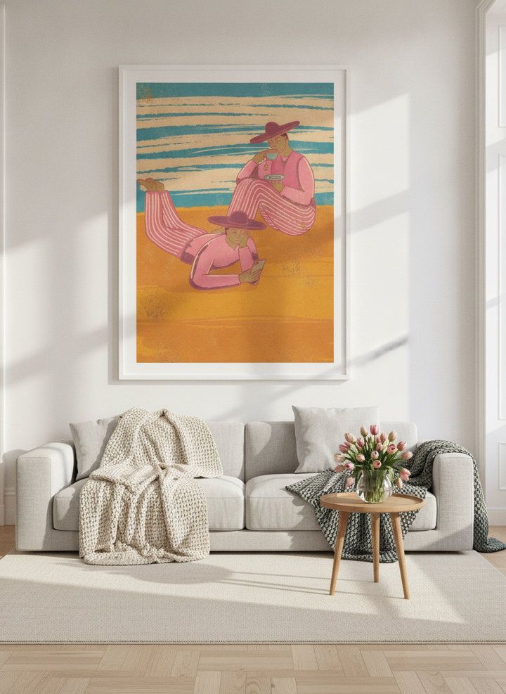 Oversized statement modern wall art print styled on the wall in a bright Scandinavian living room