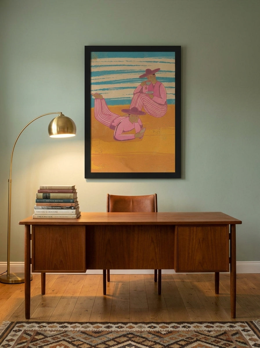 Modern wall art print styled on the wall in a mid-century home office