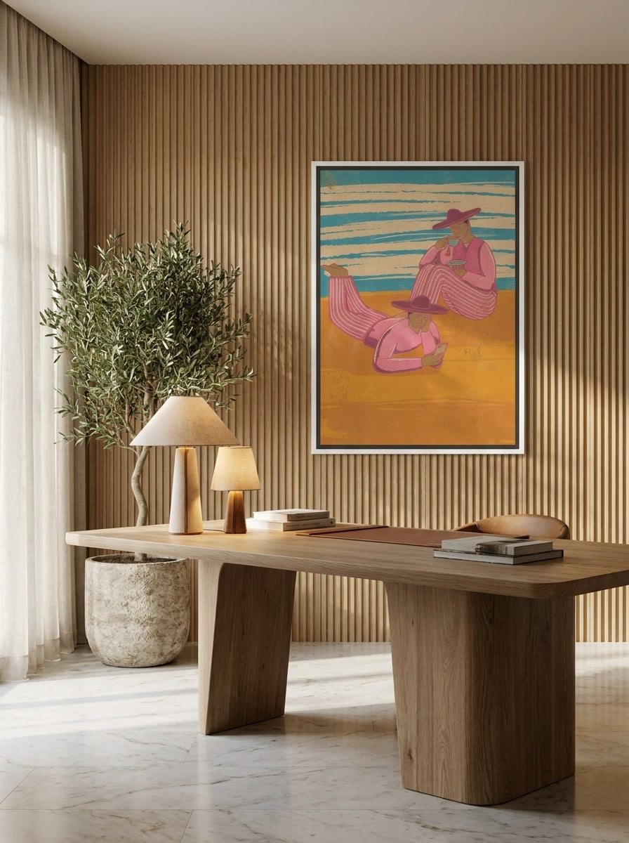 Canvas wall art with a white surround styled on the wall in a luxe home office