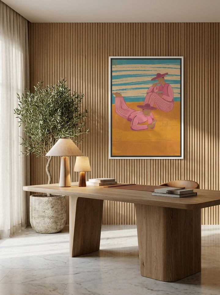 Canvas wall art with a white surround styled on the wall in a luxe home office