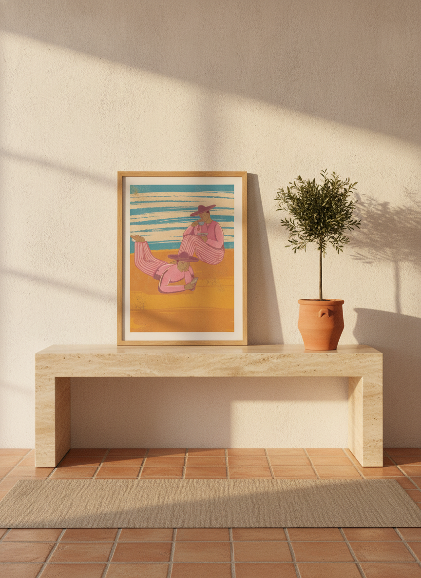 Modern wall art print standing on a console in a Mediterranean bedroom
