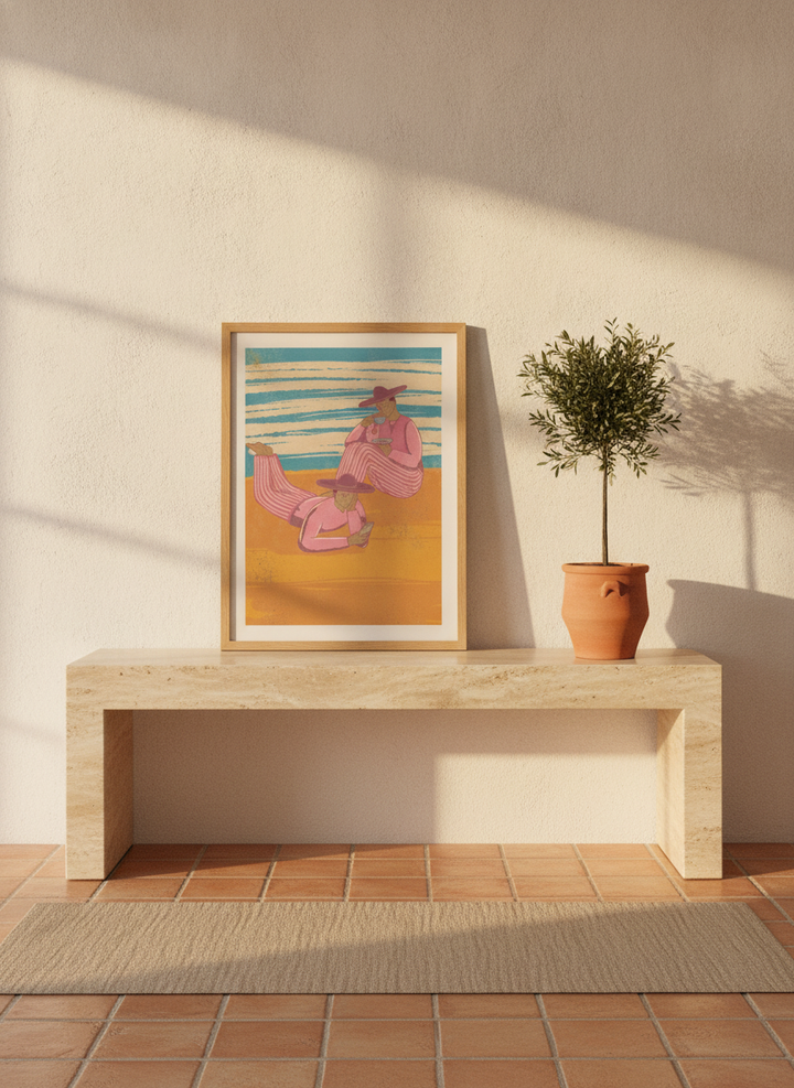 Modern wall art print standing on a console in a Mediterranean bedroom