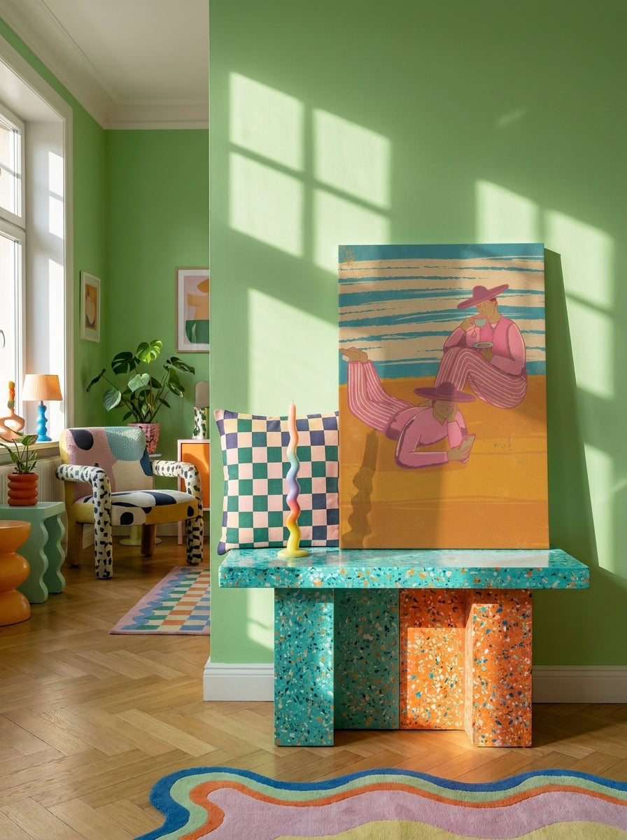 Stretched canvas wall art standing on a side table in a colourful eclectic living room